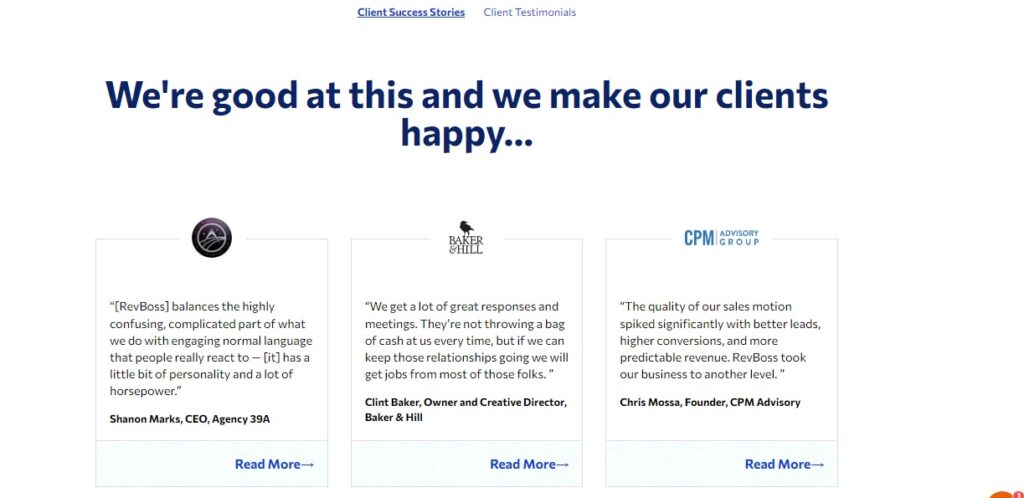 Screen grab of the B2B lead-gen case studies page on the RevBoss website.