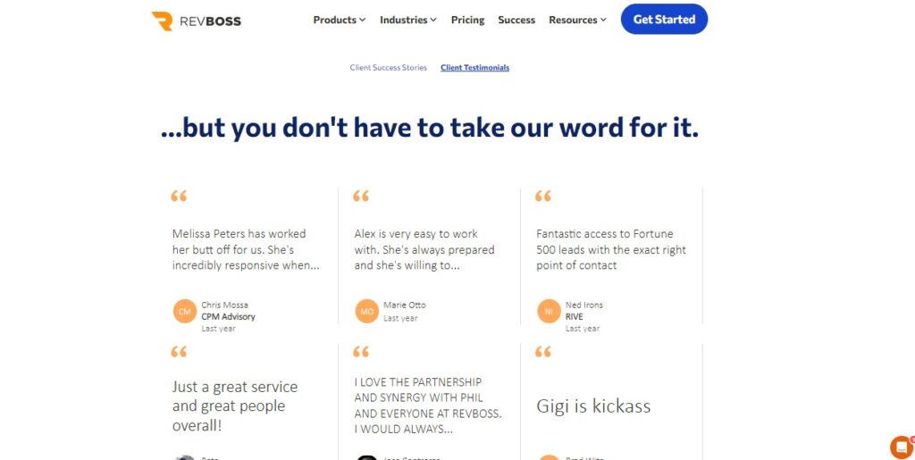 Screen grab of RevBoss’s B2B lead-gen testimonials page.