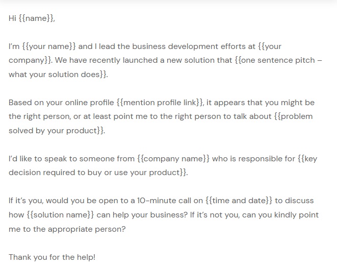 Cold email template for finding the decision maker at a target company.