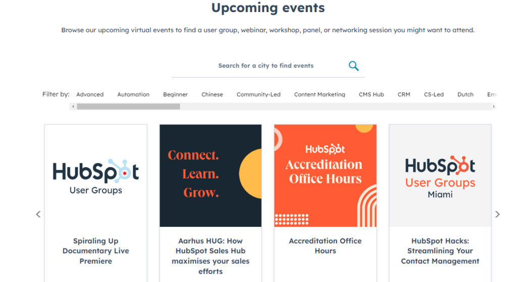 Screenshot of HubSpot’s event hub page, showing events they’re hosting solo and in partnership with other countries around the world.
