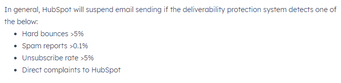 Excerpt from HubSpots terms of service, which outline that they’ll suspend email sending if deliverability exceeds 5%