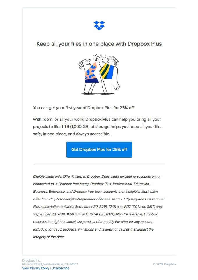 Alt-Text: B2B email example from Dropbox shows a CTA displayed as a clickable button.
