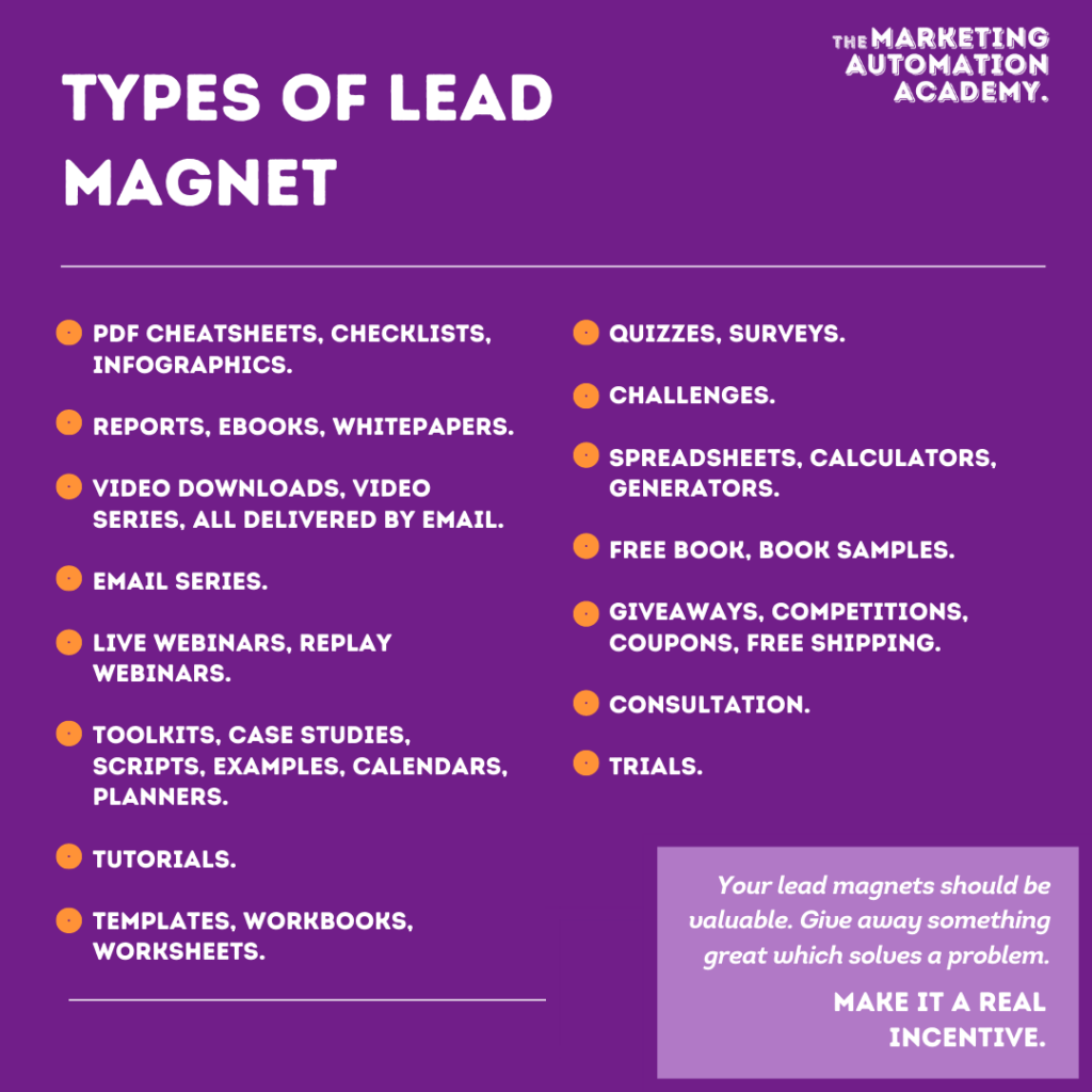 List of lead magnet ideas for B2B emails, including webinars, spreadsheets, trials, free giveaways and more.