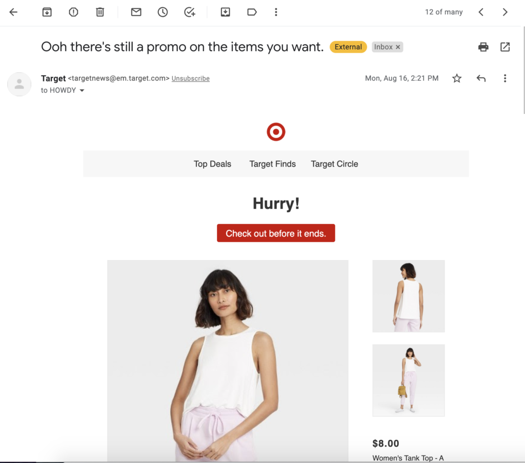 Alt-Text: A personalized abandoned cart email from Target reminding the user to finish their purchase.
