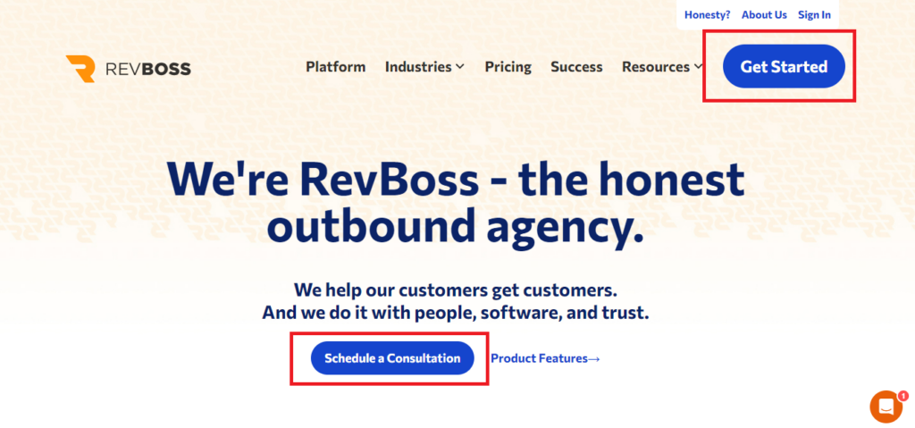 Screenshot of the RevBoss homepage highlighting its two website call-to-actions