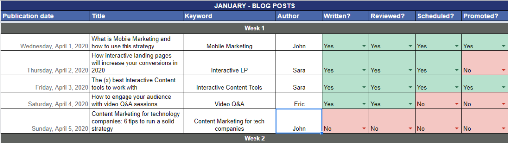 Blog content calendar example