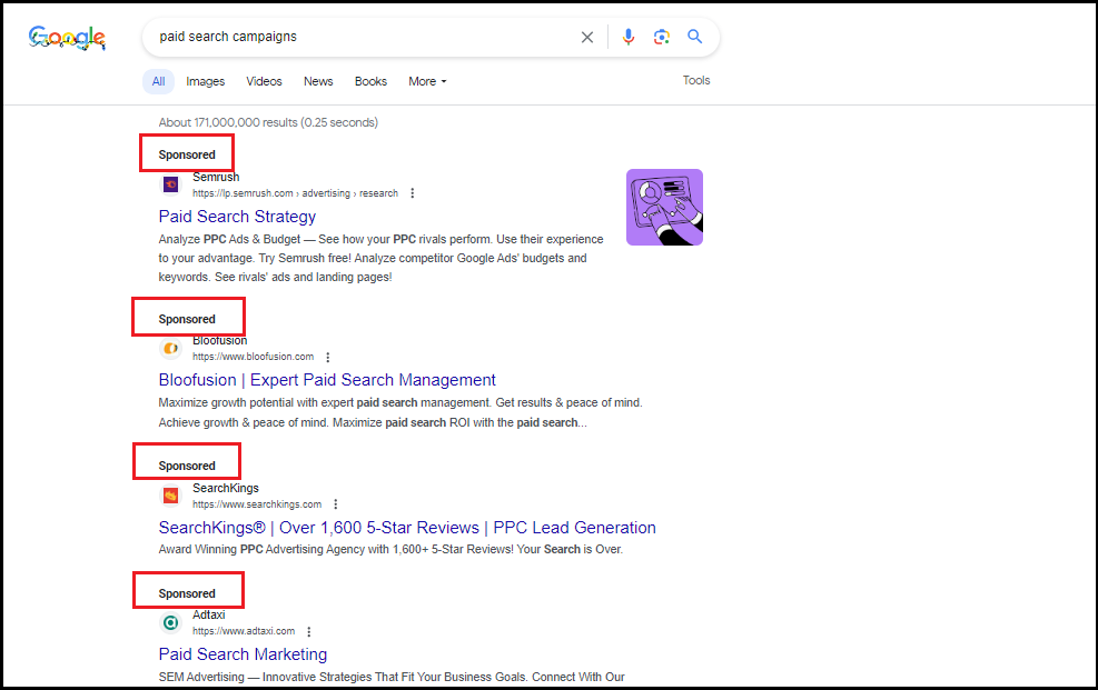 Screenshot of Google SERP showing paid ad campaign content for keywords “paid search campaigns”