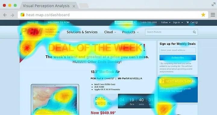 Example of a website heatmap showing where users engage the most